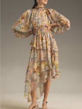 Elliatt Floral Tiered Maxi Dress in Pastel Blue and Yellow